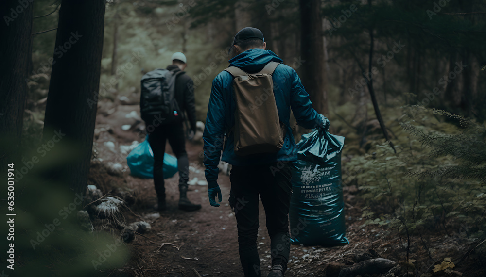 Eco-volunteers collect garbage in the forest. The concept of environmental protection