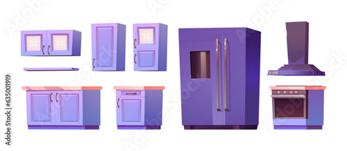 Kitchen furniture and equipment cartoon vector illustration set. Modern cooking cabinets and drawers, large refrigerator, stove with oven and extractor hood. Interior elements and appliances.