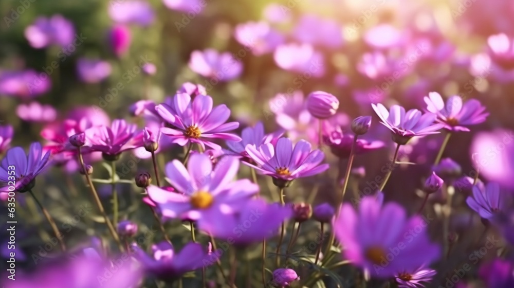 Beautiful summer spring flower border of purple flower Generative Ai