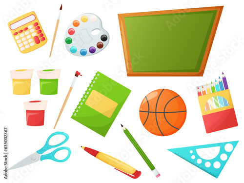 School stationary set. Back to school poster, banner design cartoon elements isolated on white.