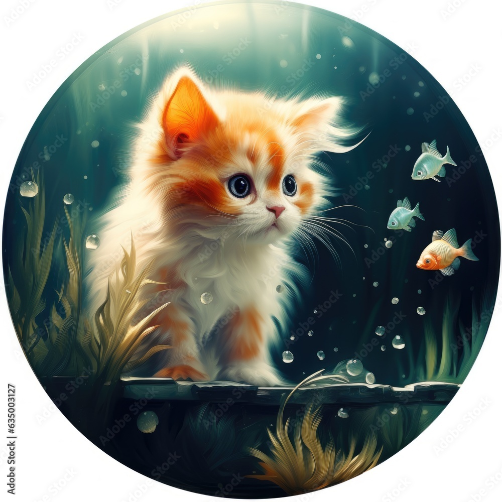 An orange and white kitten looking at a goldfish. Digital image.