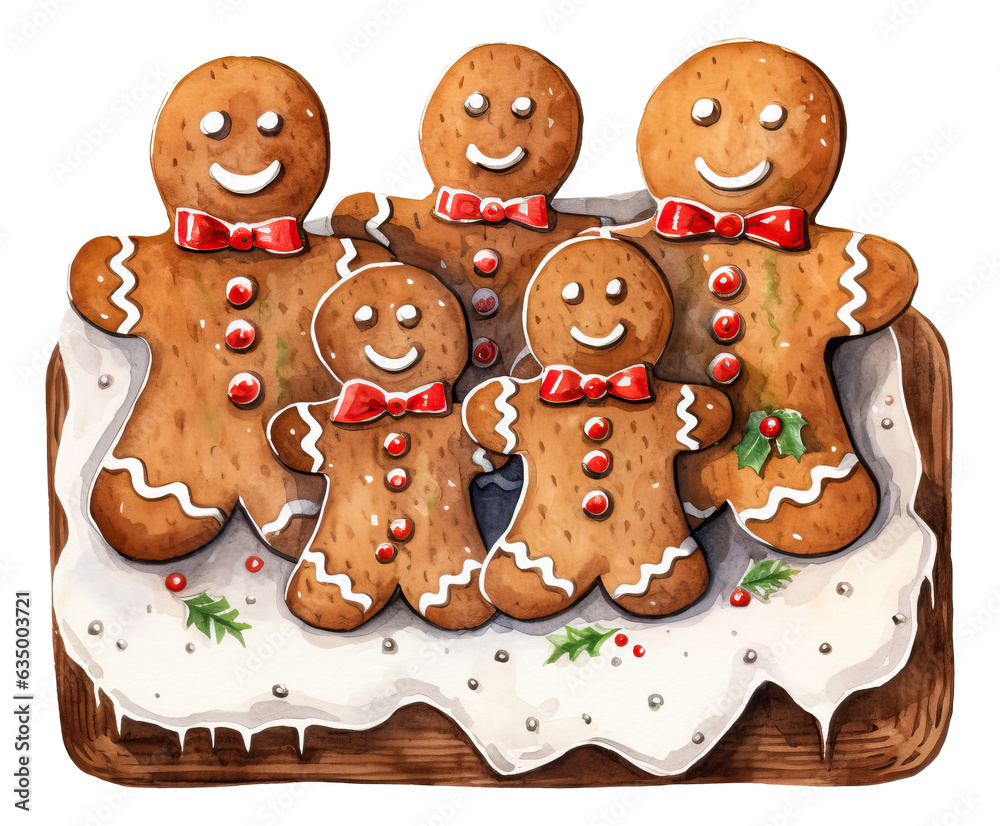 Fototapeta premium Watercolor illustration of gingerbread man in a wooden tray isolated.