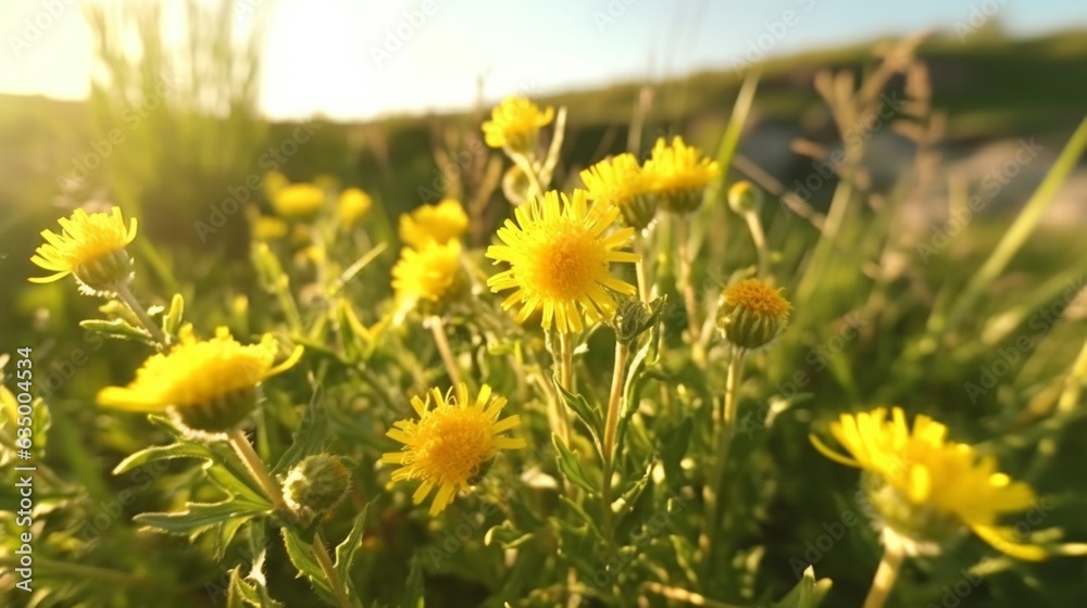 Cute fluffy little yellow wildflowers in nature on a m Generative Ai