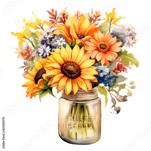 Watercolor bouquet with sunflower autumn clipart Generative AI, png image.