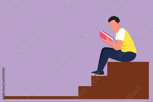 Character flat drawing of young man reading book sitting on stairs. Smart male reader enjoying literature or studying, preparing for exam. Student reading at school. Cartoon design vector illustration