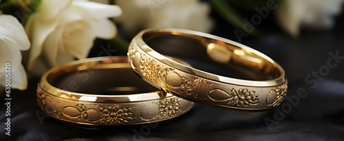 A close-up captures the intricate details of gold wedding rings. The rings symbolize eternal love and commitment, with their exquisite design reflecting the unique bond between the couple. 