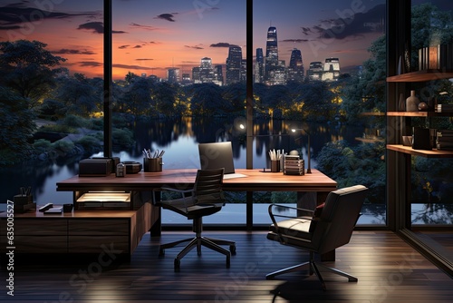 Working space in modern office at night with city view © ttonaorh