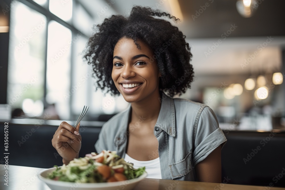 Lovely sporty african american woman eat healthy fresh food