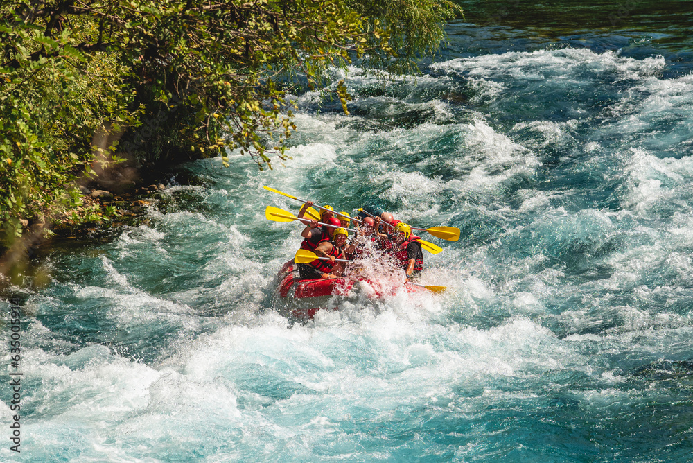 Fototapeta premium Rafting on a big rafting boat on the river in Antalya Koprulu Canyon