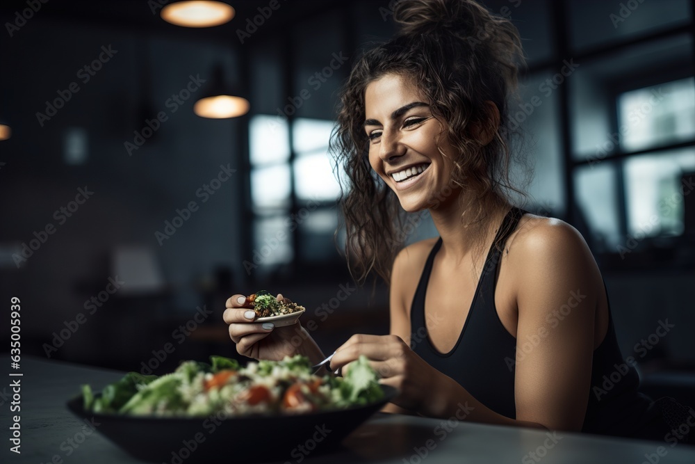 Lovely sporty woman eat healthy fresh food salad