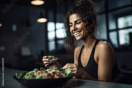 Lovely sporty woman eat healthy fresh food salad