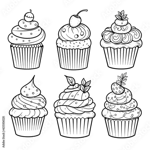set of cupcakes  coloring page  doodle style