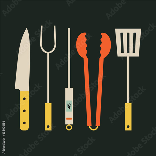 BBQ tools set. Collection of equipment for cooking bbq. Grilling utensils, knife, fork, thermometer, tongs and spatula for barbecue food cooking. Barbeque supplies kit. Simple, geometric, modern style