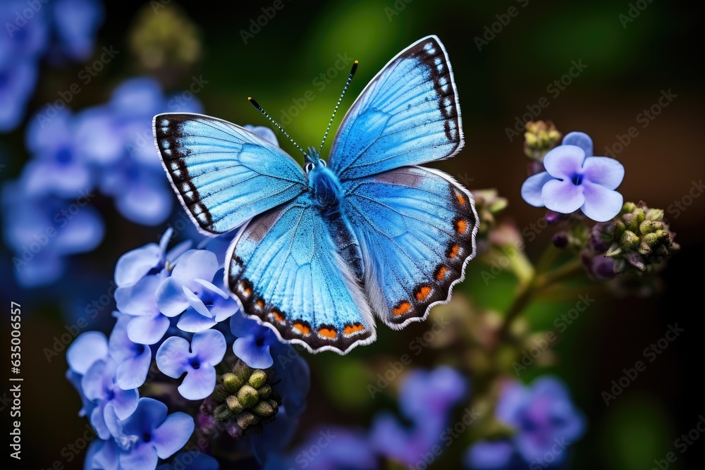 Obraz premium Beautiful butterfly on a blue flower in the garden. Close up. Beautiful butterfly sitting on a blue flower, AI Generated