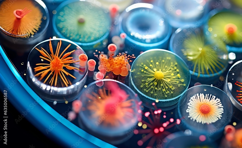 Colorful variety of microorganism inside petri dish plate in laboratory. Generative AI. - obrazy, fototapety, plakaty 