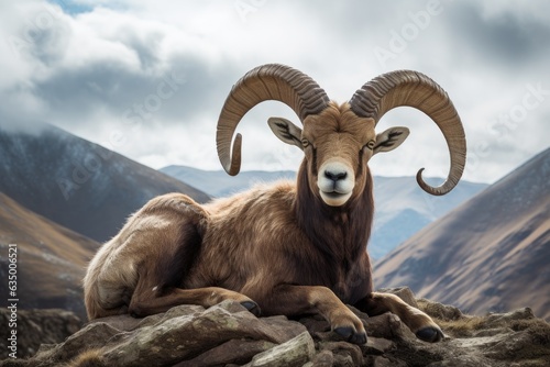 Mouflon lying on a rock in the mountains. Animal portrait, Barbary sheep Capra ibex on the slope of a mountain, AI Generated photo
