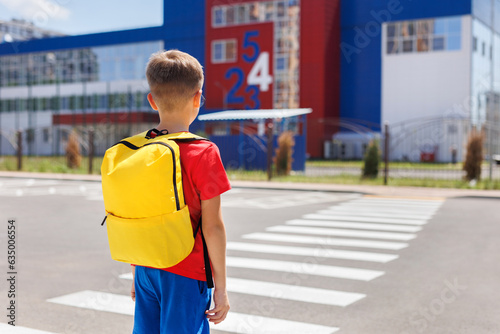 A boy, a schoolboy with a backpack goes to school. Crosses the road at a pedestrian crossing.
