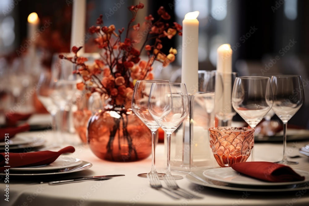 Beautiful table setting with flowers and candles in restaurant, closeup, Beautiful decorated table at restaurant. Light background, AI Generated