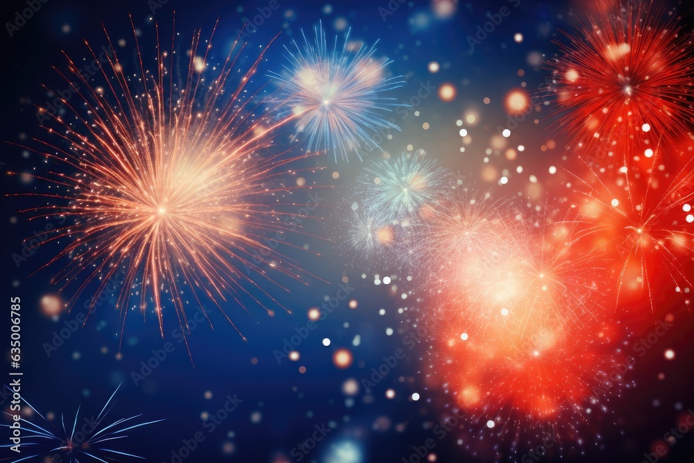 Colorful firework with bokeh on dark blue sky background, Beautiful firework display for celebration with blur bokeh light, AI Generated