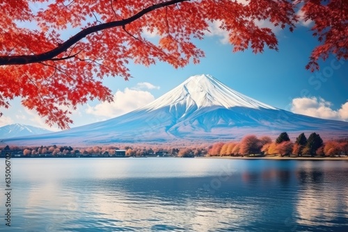 Mt Fuji with maple leaf background at Kawaguchiko lake in Japan. Beautiful Fuji mountain and lake landscape view with colorful tree leaves, AI Generated