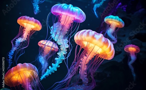 Sea jellyfishes glowing on dark background. Generative AI. © Curioso.Photography