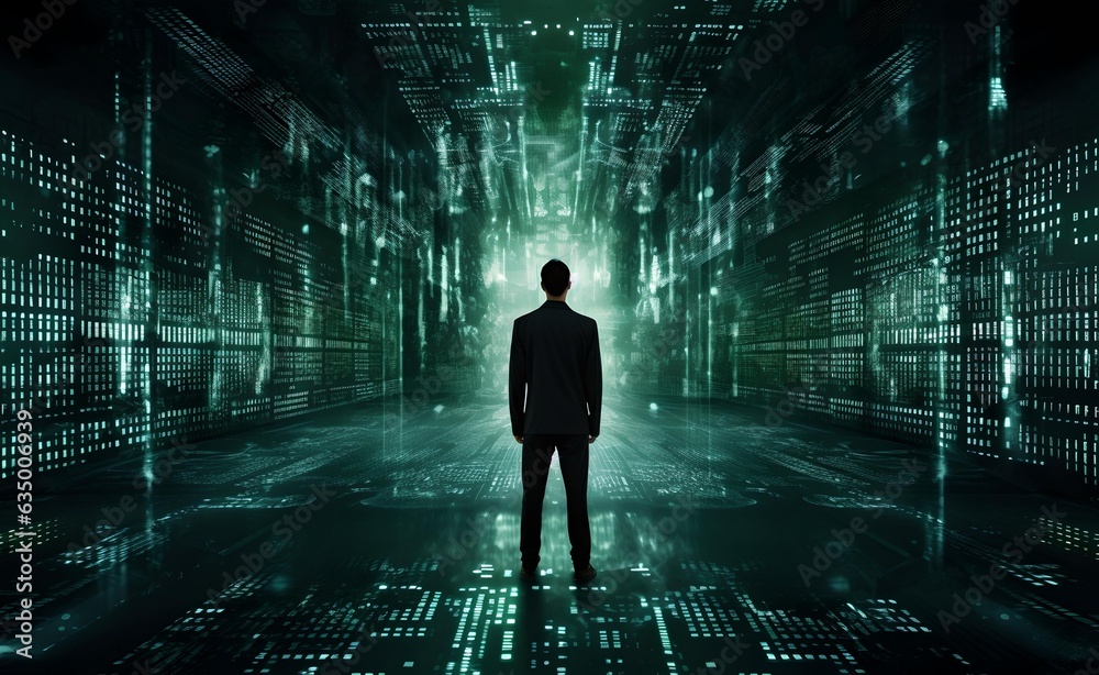 The complexity of digital ethics background, man, matrix background. Generative AI. The complexity of digital ethics background, man, matrix background. Generative AI.