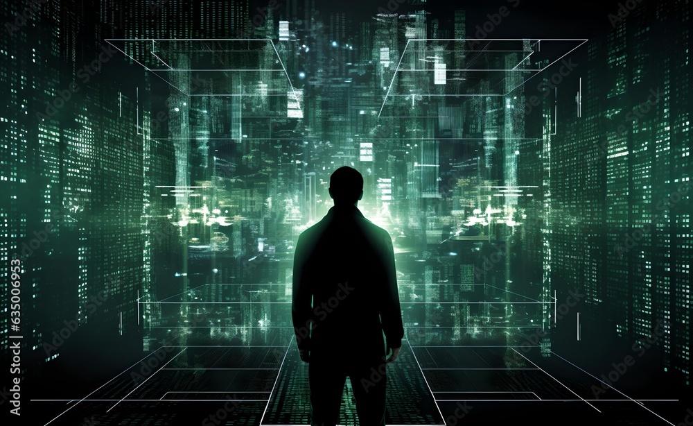The complexity of digital ethics background, man, matrix background. Generative AI. The complexity of digital ethics background, man, matrix background. Generative AI.