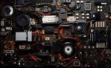 Top view of computer parts. Generative AI.
