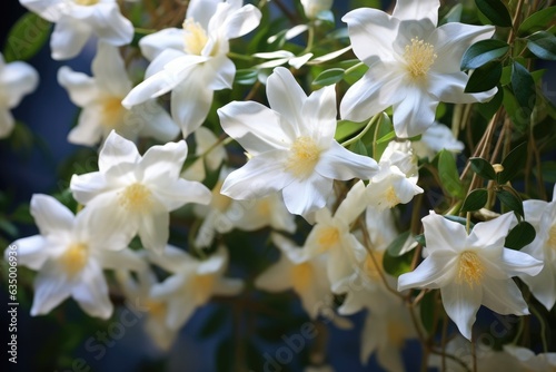 White flowers of jasmine on a dark background, closeup, beautiful jasmine white flowers, AI Generated