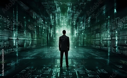 The complexity of digital ethics background, man, matrix background. Generative AI.
