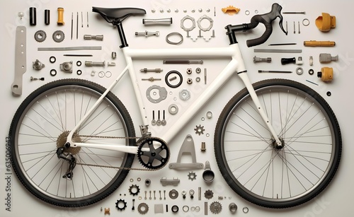 Top view of bicycle and parts of it. Generative AI. photo