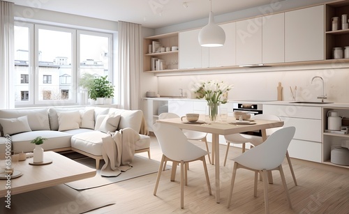 Warm pastel white and beige colors are used in the interior design of the spacious  cheerful studio apartment in the Scandinavian style. Generative AI.