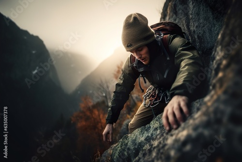 Portrait of man tourist with backpack during hiking the mountains