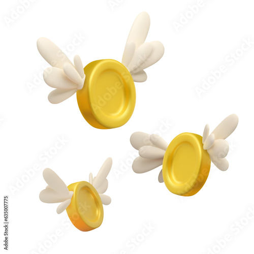 3d gold coins with wings. Flying golden money, vector illustration isolated on white background.
