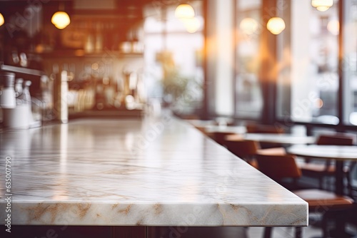 Blurred background of a kitchen caf    restaurant with a marble table top.