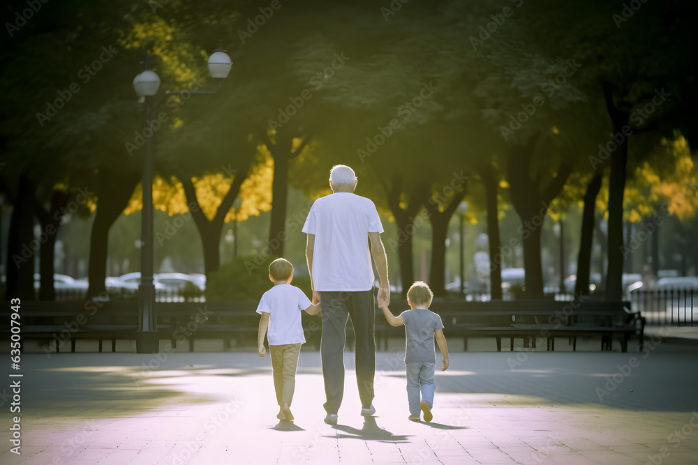 Grandfather walking with grandchildren at sunset. Concept of grandfather day, grandparents day.