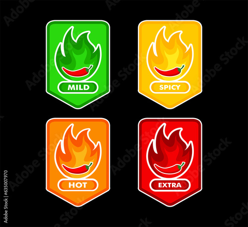 spicy level label sticker of pepper with fire flame