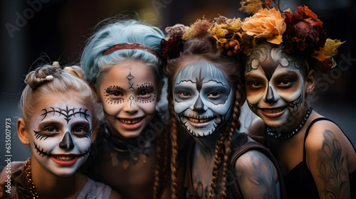 Three friends with skeleton face paint smiling.