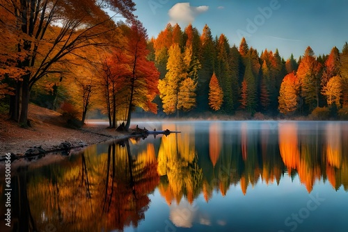 autumn landscape with lake , autumn season in forest , trees in autumn