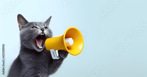 Cat announcing using hand speaker. Notifying, warning, announcement