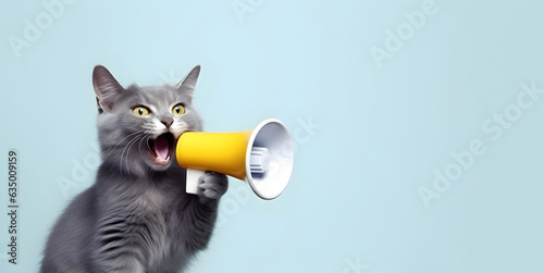 Cat announcing using hand speaker. Notifying, warning, announcement