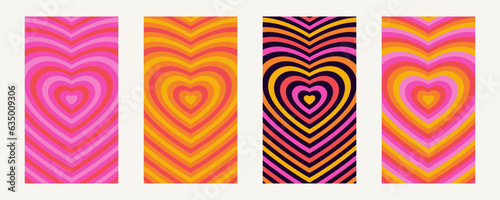 Vector set of hypnotic heart shape tunnels. Groovy style concentric hearts. Bright vintage love wallpapers. Mobile screen size vertical psychedelic 70s banners. Cute retro abstract y2k backgrounds