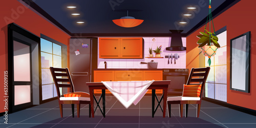Kitchen interior with dining table illustration background. Clean modern home inside with fridge, cooker, cupboard and sink furniture. Cozy and empty wood desk and chair on space for dinner.
