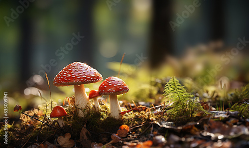 beautiful closeup of forest mushrooms in grass, autumn season. little fresh mushrooms, growing in Autumn Forest. mushrooms and leafs in forest. Mushroom picking concept. Magical soft focus image 