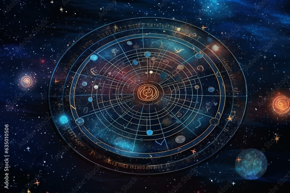 Cosmic background with astrological wheel. Generative AI - obrazy, fototapety, plakaty 