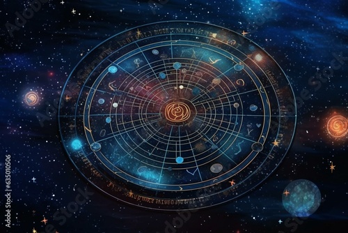 Cosmic background with astrological wheel. Generative AI