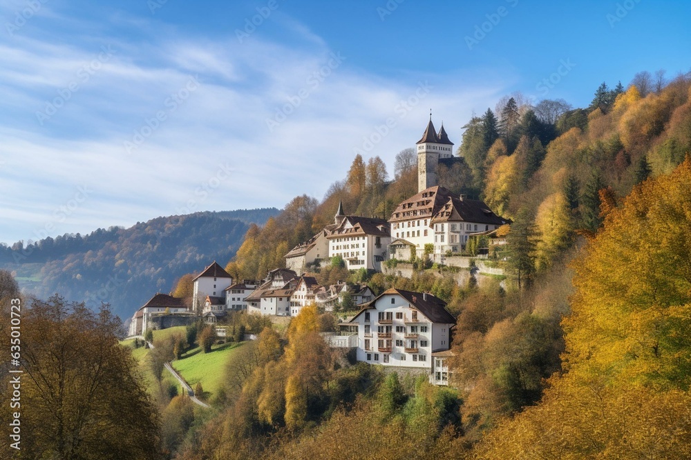 A beautiful Swiss town, Romont, perched on a rocky peak, showcasing its rich history. Generative AI
