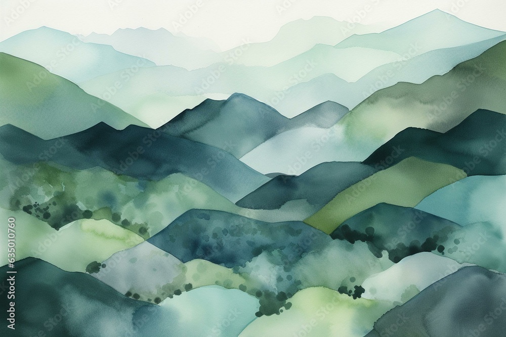 Watercolor artwork of hills and mountains in green and blue. Generative AI