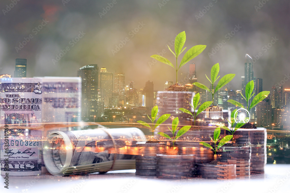 Double exposure of Trees growing on coins money on city background for Real estate investments and business concept