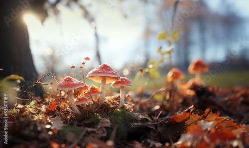beautiful closeup of forest mushrooms in grass, autumn season. little fresh mushrooms, growing in Autumn Forest. mushrooms and leafs in forest. Mushroom picking concept. Magical soft focus image 
